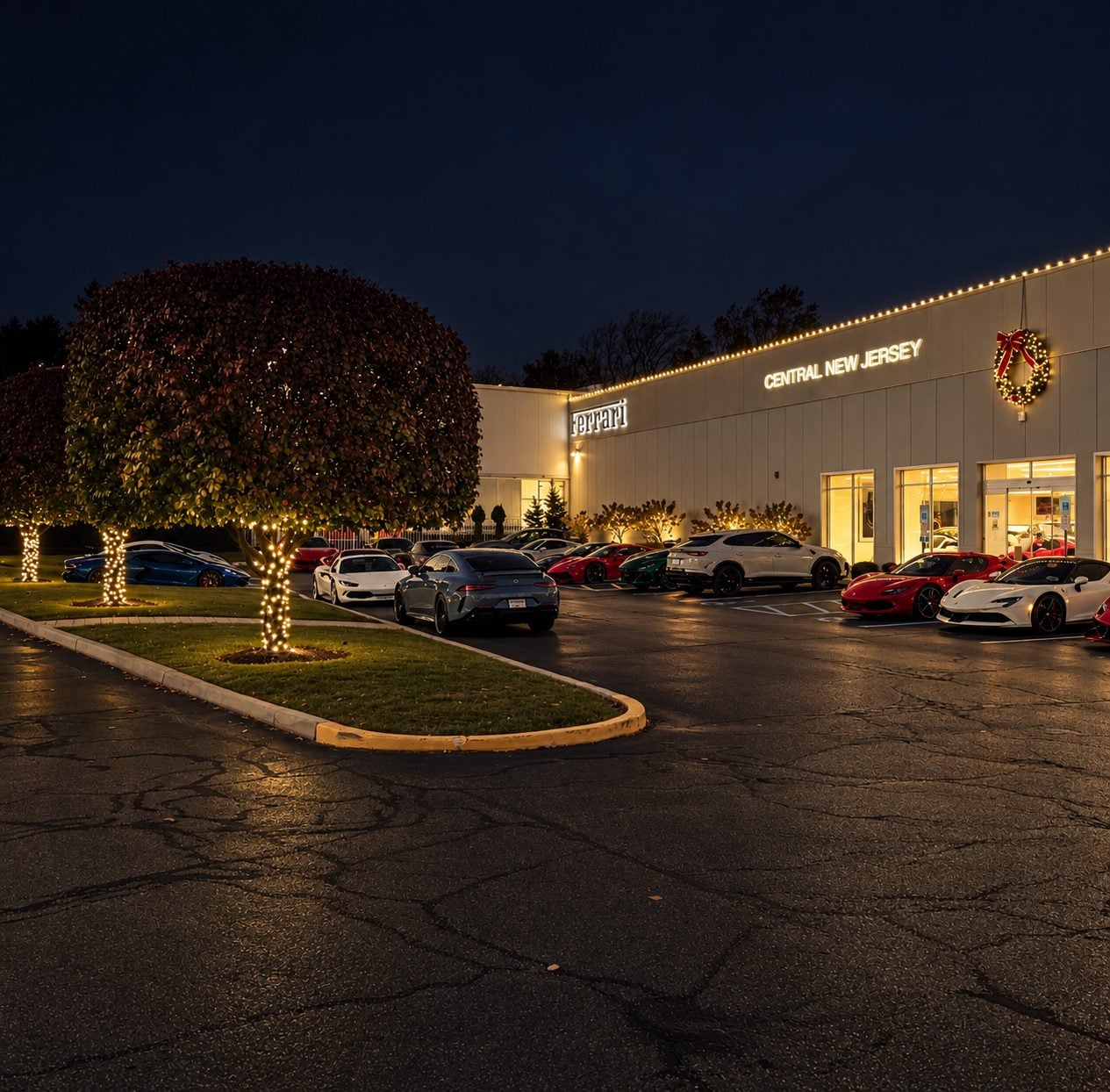 Ferrari of Central New Jersey at night, the roofline lit, a wreath over the showroom and lit trees in the lot