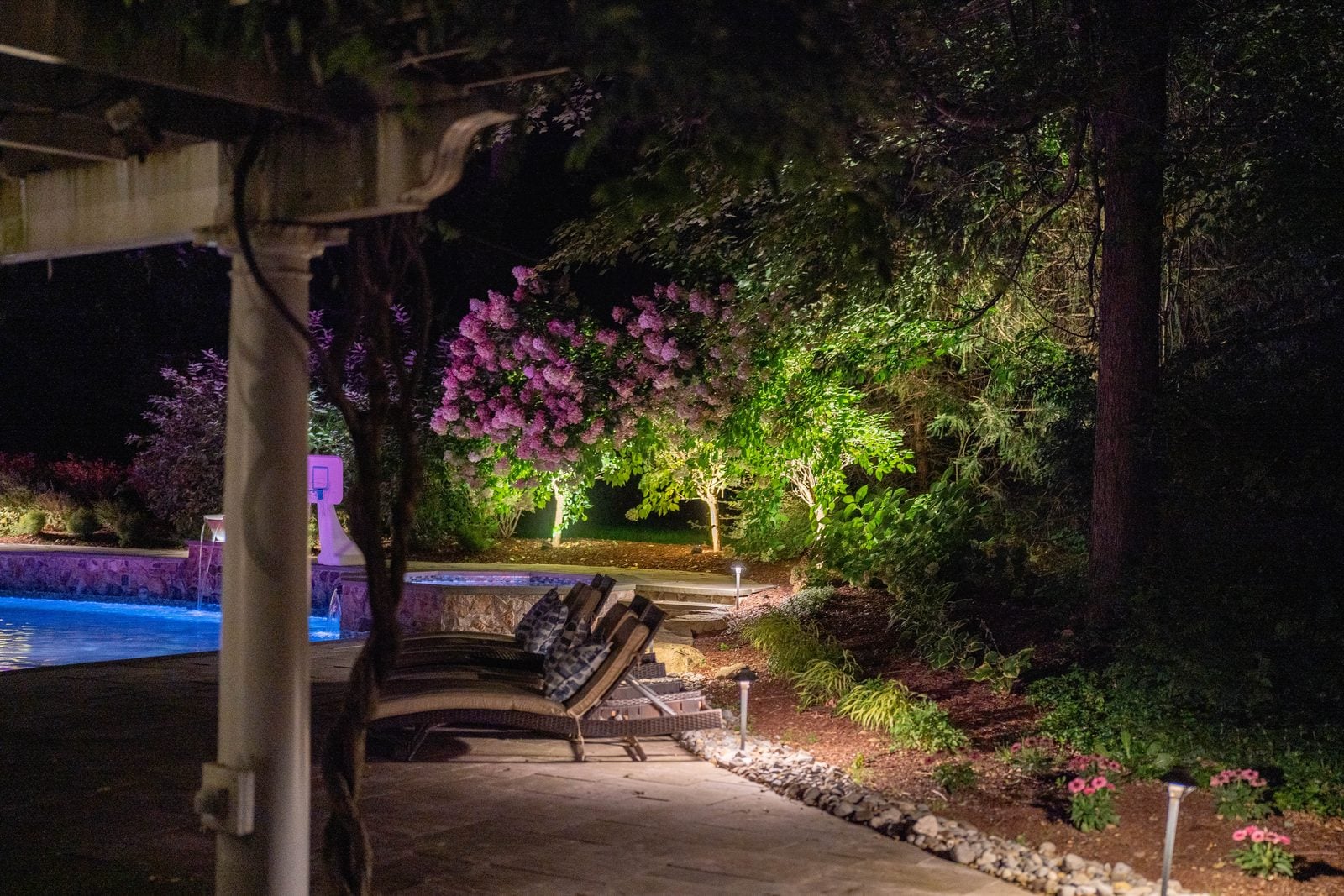 A New Jersey property lit at night by Unique Outdoor Lighting