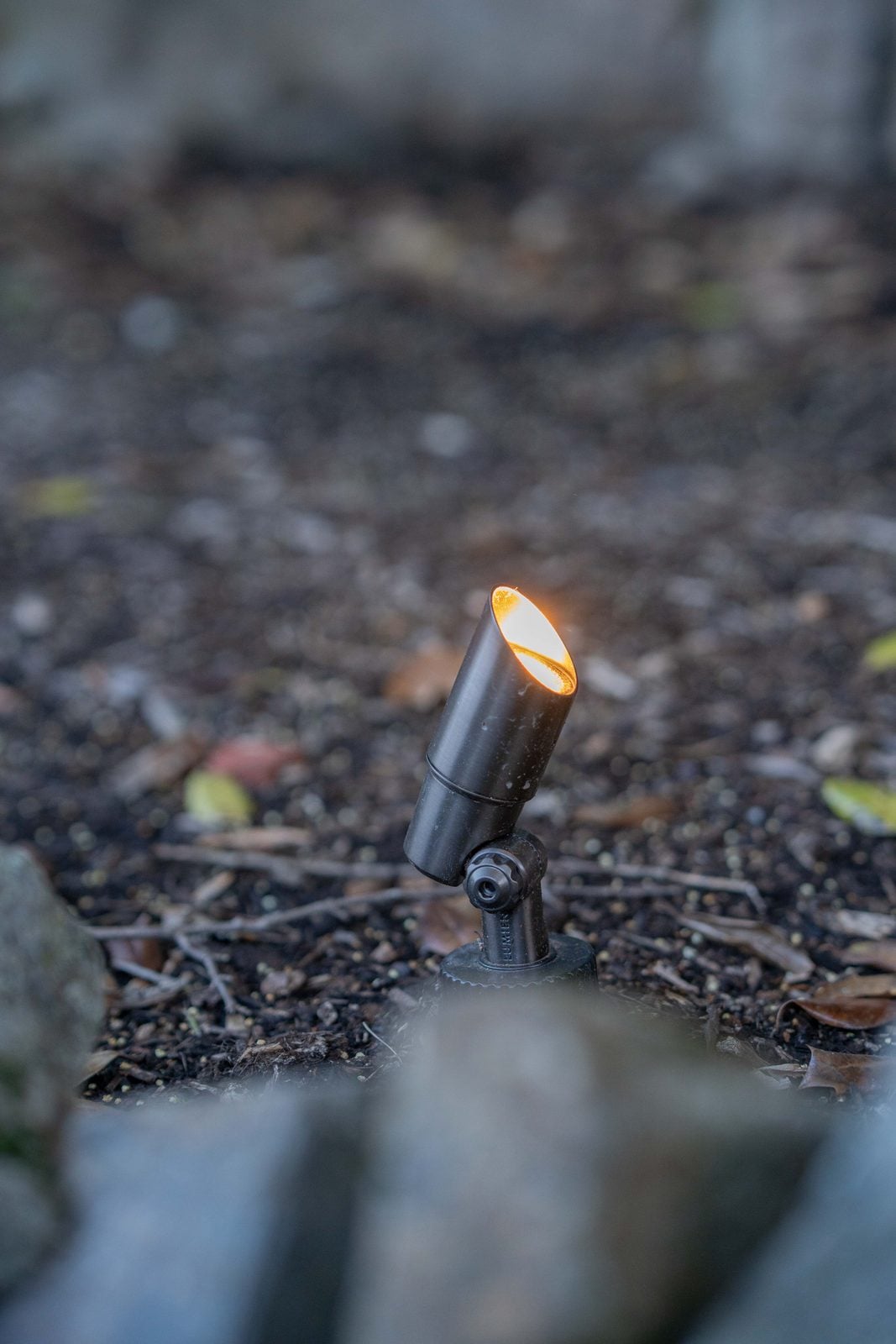 A path light beside a stone walk, washing the planting behind it