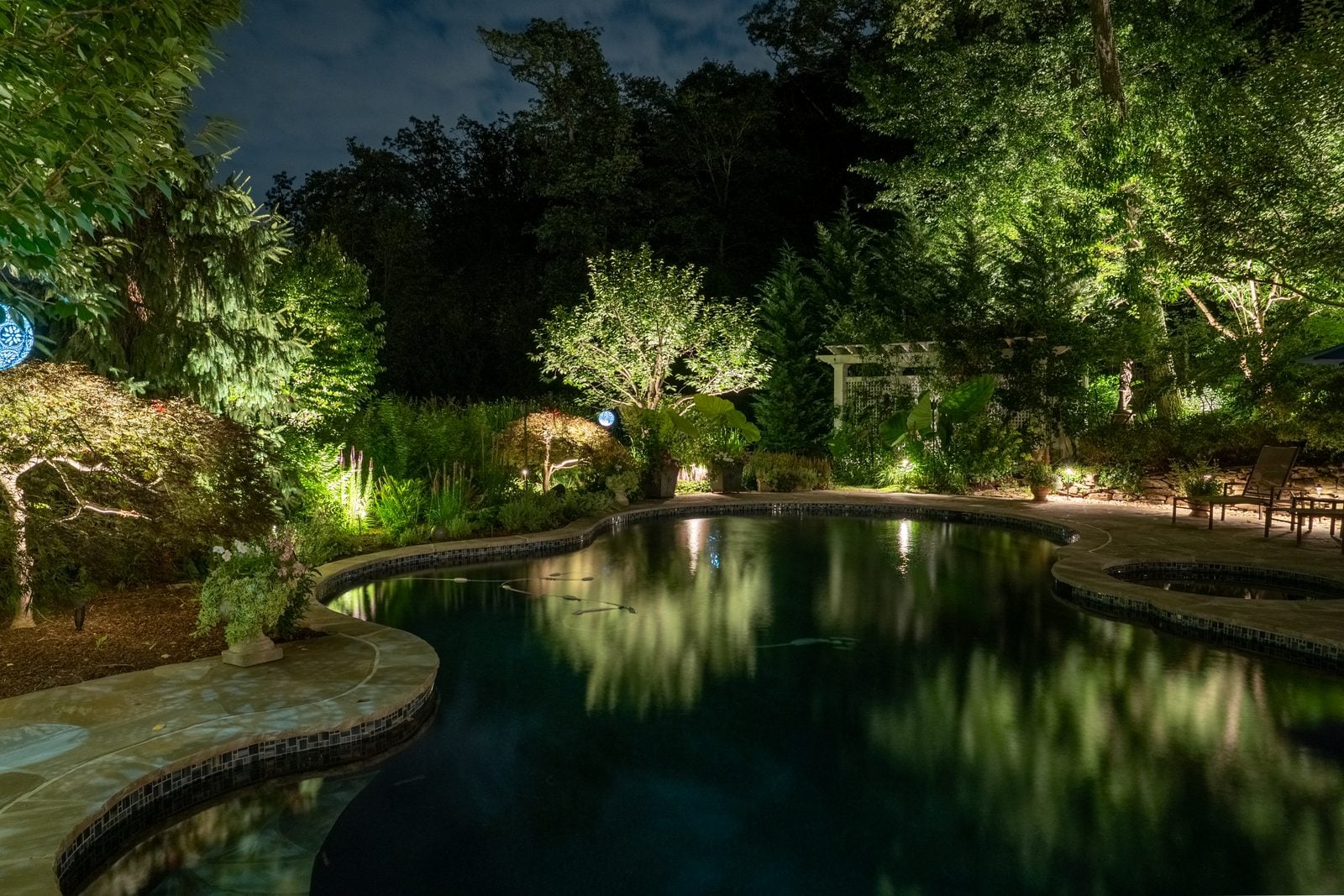 Still water at blue hour reflecting the uplit trees along its edge