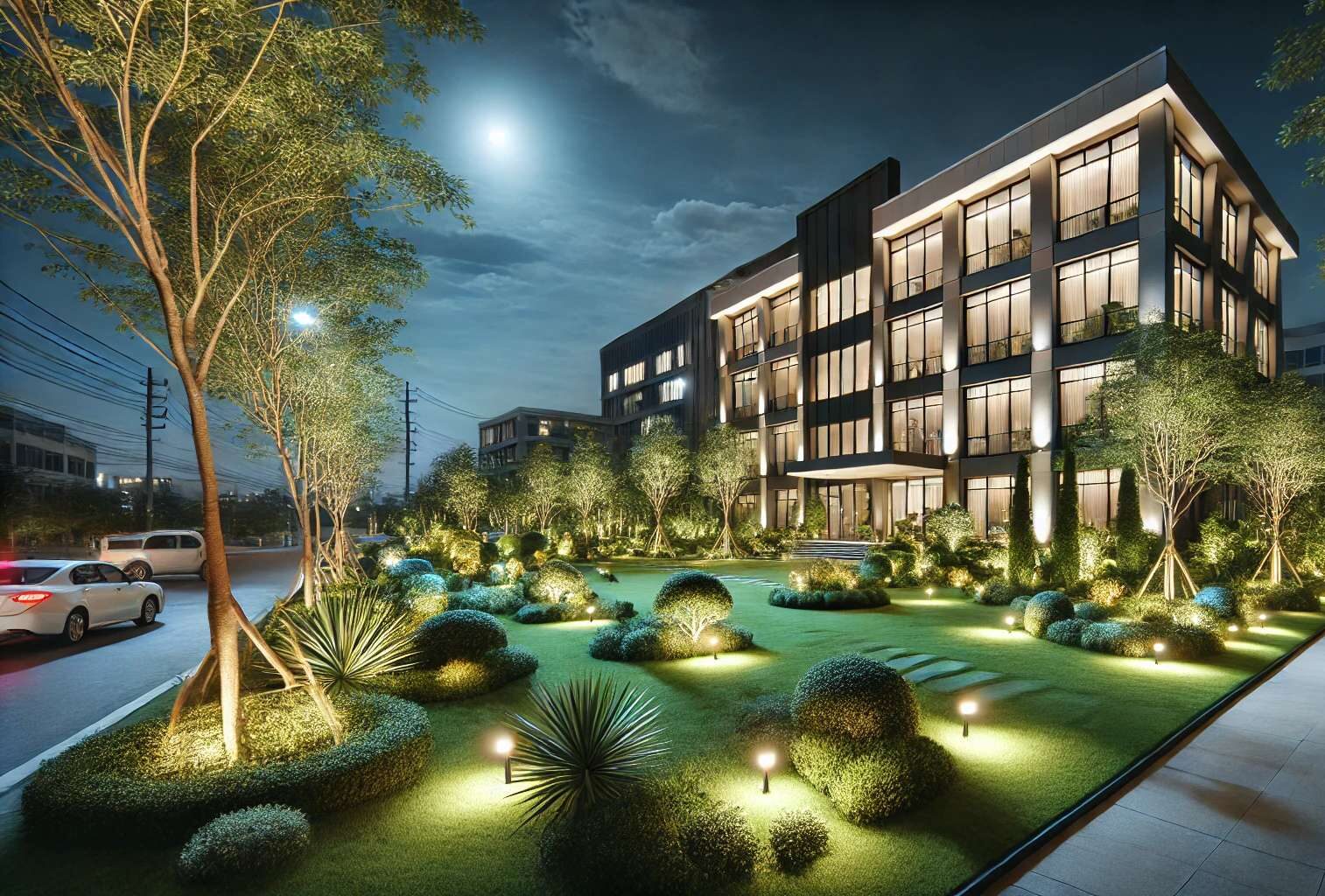 A-realistic-wide-photograph-of-a-beautifully-landscaped-commercial-property-at-night
