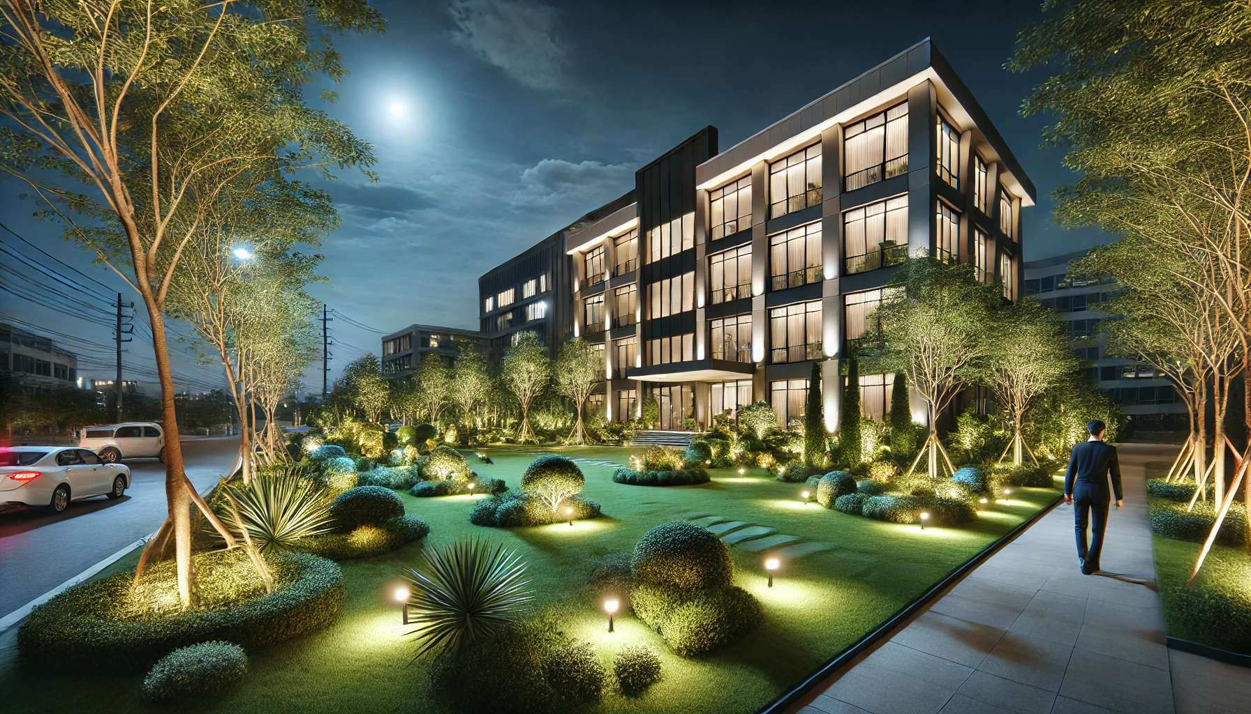 A-realistic-wide-photograph-of-a-beautifully-landscaped-commercial-property-at-night